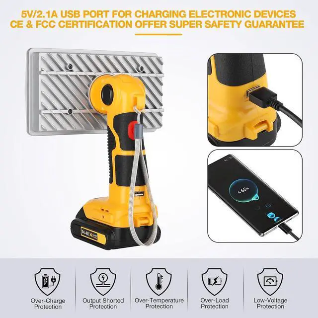 Alt view image 5 of 7 - LED Work Light for Dewalt 20V Battery, Hiesuan 30W 3300LM Jobsite Light Flashlight Spotlight with 110 Degree Pivoting Head Zinc Alloy, 5V 2.1A USB Port