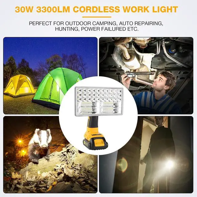 Alt view image 7 of 7 - LED Work Light for Dewalt 20V Battery, Hiesuan 30W 3300LM Jobsite Light Flashlight Spotlight with 110 Degree Pivoting Head Zinc Alloy, 5V 2.1A USB Port