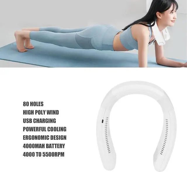 Alt view image 5 of 7 - USB Charging Neck Fan, Wearable and Portable, 80 Holes High Poly Wind, 4000 5500rpm, Lightweight Fan for Household and Outdoor Use (White)