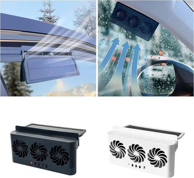 Alt view image 2 of 7 - Car Cooling Fan USB Charging Battery Solar Powered Cooling Systems with 3 Air Outlet Auto Front Rear Window Exhaust Fan