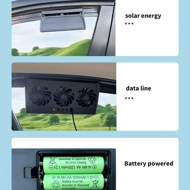 Alt view image 7 of 7 - Car Cooling Fan USB Charging Battery Solar Powered Cooling Systems with 3 Air Outlet Auto Front Rear Window Exhaust Fan