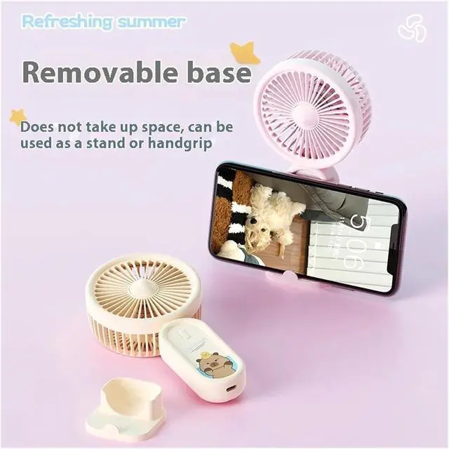 Alt view image 4 of 6 - Three-Speed High Wind Desktop Portable Cute Pattern USB Charging Multi-Function Handheld Fan with Base Bracket Electric Fan(Pink)