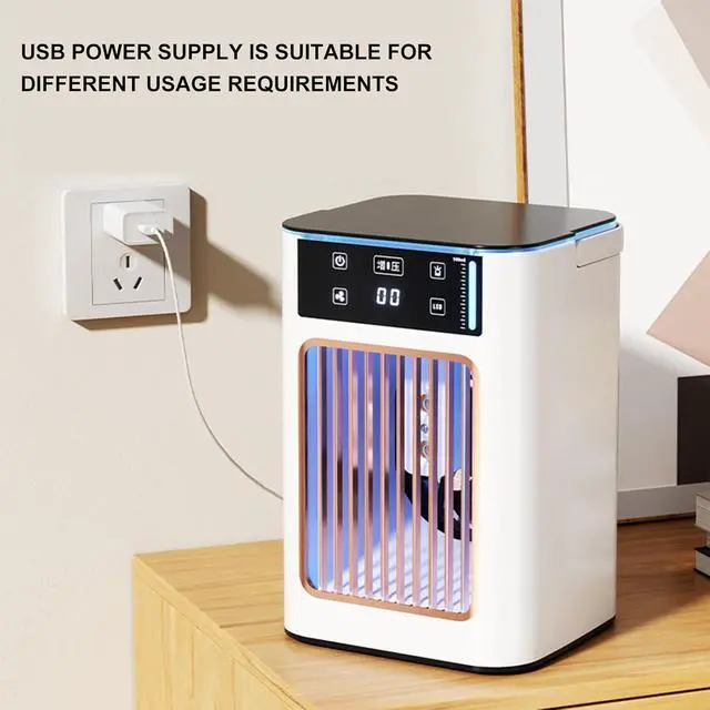 Alt view image 2 of 7 - Small USB Air Conditioning Portable Desktop Cooling Fan with 3 Speed and 7 LED Light for Office Bedroom Dormitory