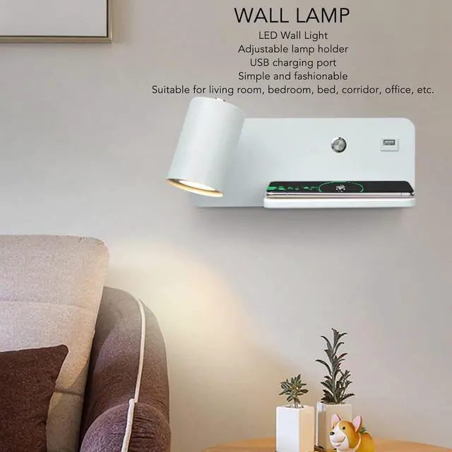 Alt view image 2 of 7 - 85 to 265V Adjustable Lamp Holder USB Wall Light for Reading Study Bedside Hallway, Wireless Wall Light, Convenient USB Charging Interface Charging LED Lamp (White Right)