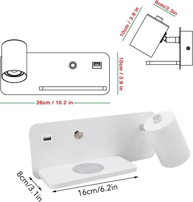 Alt view image 6 of 7 - 85 to 265V Adjustable Lamp Holder USB Wall Light for Reading Study Bedside Hallway, Wireless Wall Light, Convenient USB Charging Interface Charging LED Lamp (White Right)
