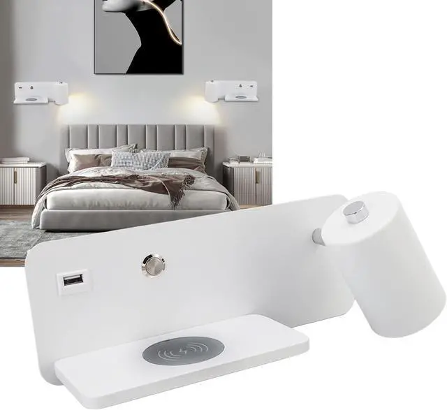 Alt view image 4 of 7 - 85 to 265V Adjustable Lamp Holder USB Wall Light for Reading Study Bedside Hallway, Wireless Wall Light, Convenient USB Charging Interface Charging LED Lamp (White Right)