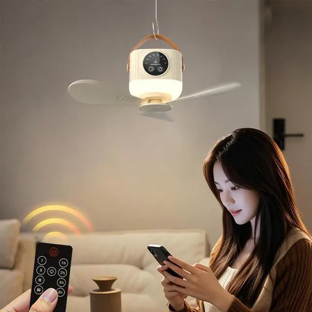 Alt view image 2 of 7 - USB Rechargeable Remote Ceiling Fan with 3600mAh/7200mAh Battery and Light Hanging Fan for Camping