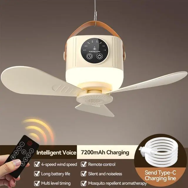 Alt view image 5 of 7 - USB Rechargeable Remote Ceiling Fan with 3600mAh/7200mAh Battery and Light Hanging Fan for Camping