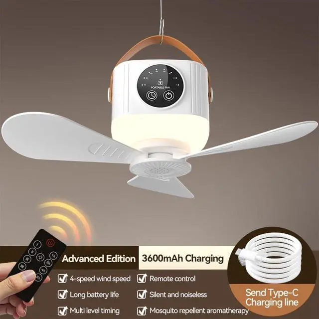 Alt view image 7 of 7 - USB Rechargeable Remote Ceiling Fan with 3600mAh/7200mAh Battery and Light Hanging Fan for Camping