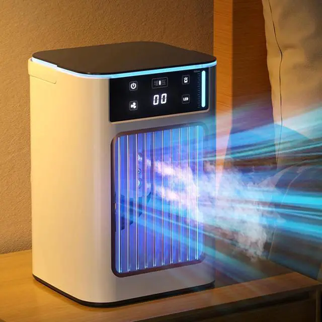 Alt view image 6 of 7 - Small USB Air Conditioning Portable Desktop Cooling Fan with 3 Speed and 7 LED Light for Office Bedroom Dormitory