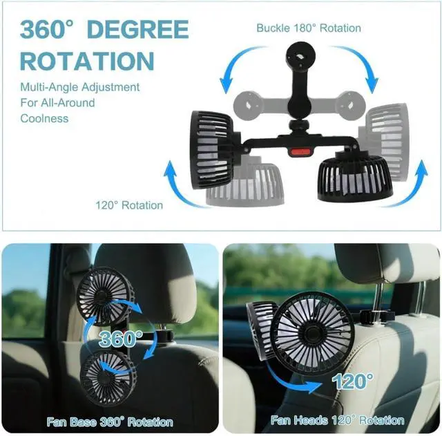 Alt view image 4 of 6 - Car Fan USB Powered Dual Head  3-Speed Portable Car Cooling Clip Fan For Car Headrest Back Seat, Quiet Brushless Motor, 360° Rotatable, Suitable For Vehicles,