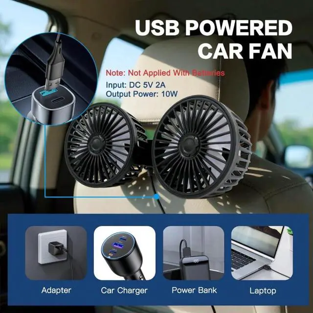 Alt view image 5 of 6 - Car Fan USB Powered Dual Head  3-Speed Portable Car Cooling Clip Fan For Car Headrest Back Seat, Quiet Brushless Motor, 360° Rotatable, Suitable For Vehicles,