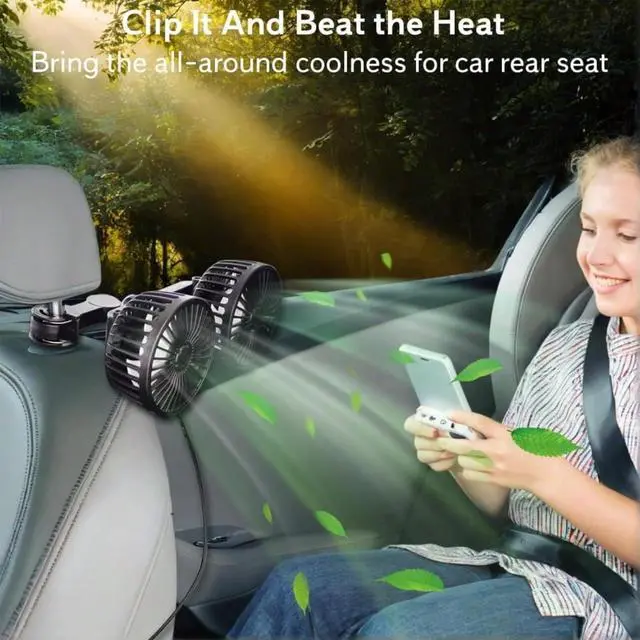 Alt view image 6 of 6 - Car Fan USB Powered Dual Head  3-Speed Portable Car Cooling Clip Fan For Car Headrest Back Seat, Quiet Brushless Motor, 360° Rotatable, Suitable For Vehicles,