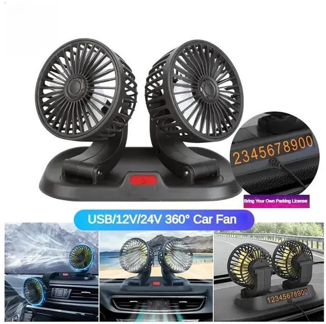 Alt view image 2 of 7 - Car Fan USB/12V/24V Double-Head Adjustable 360° Car Electric Fan Silent 2-Speed Multi-Functional Temporary Parking Card Car Fan(12V)