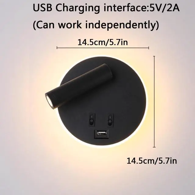 Alt view image 5 of 7 - USB Rechargeable Aluminum LED with Interior Wall Adjustable Spotlight Reading lamp for Hallway Bedroom Stairs Hotels Indoor Bedside Lamp 3000K(Black Round)