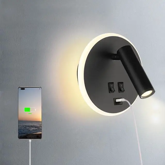 Main image of USB Rechargeable Aluminum LED with Interior Wall Adjustable Spotlight Reading lamp for Hallway Bedroom Stairs Hotels Indoor Bedside Lamp 3000K(Black Round)