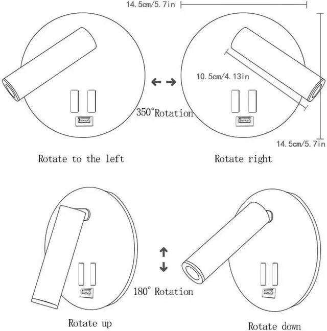 Alt view image 6 of 7 - USB Rechargeable Aluminum LED with Interior Wall Adjustable Spotlight Reading lamp for Hallway Bedroom Stairs Hotels Indoor Bedside Lamp 3000K(Black Round)
