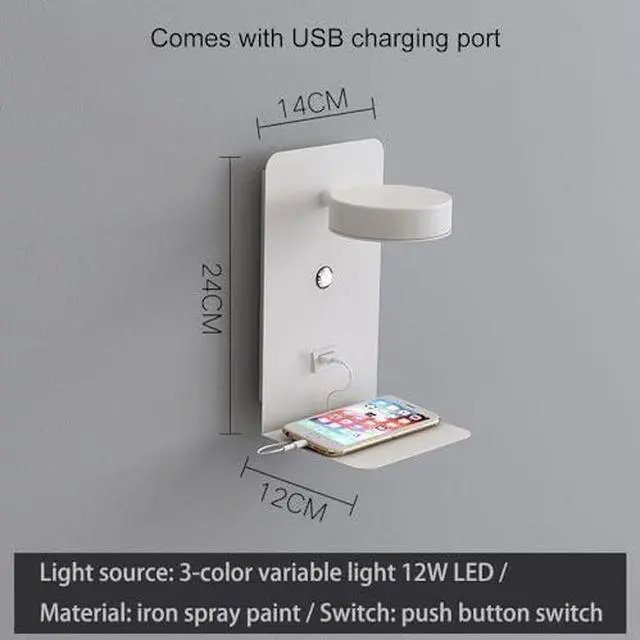 Alt view image 3 of 6 - 1 Pack Modern Headboard Reading Lamp with USB Charging, Adjustable 330° Wall Light, 3 Color Modes (3000K/4000K/6000K), Button Switch for Bedroom Bedside Lighting