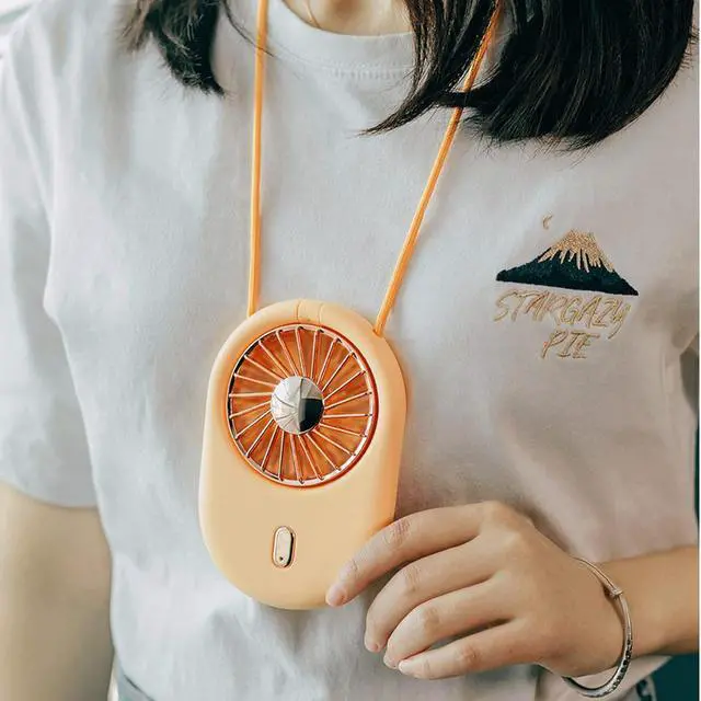 Alt view image 4 of 6 - Portable Hanging Neck Fan Hand Held Mini Fan Rechargeable Wearable USB Fans with Adjustable Lanyard, 3 Switching Speed, for Outdoor Travel Camping Park,Green (Yellow)