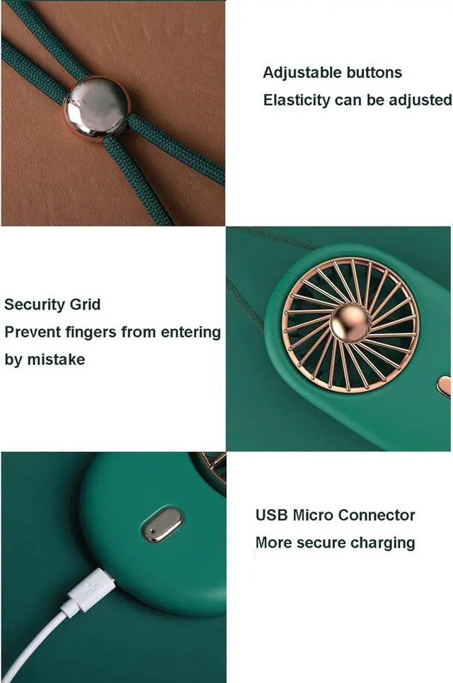 Alt view image 5 of 6 - Portable Hanging Neck Fan Hand Held Mini Fan Rechargeable Wearable USB Fans with Adjustable Lanyard, 3 Switching Speed, for Outdoor Travel Camping Park,Green (Yellow)