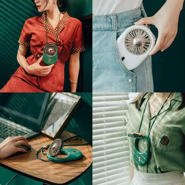 Alt view image 2 of 6 - Portable Hanging Neck Fan Hand Held Mini Fan Rechargeable Wearable USB Fans with Adjustable Lanyard, 3 Switching Speed, for Outdoor Travel Camping Park,Green (Yellow)
