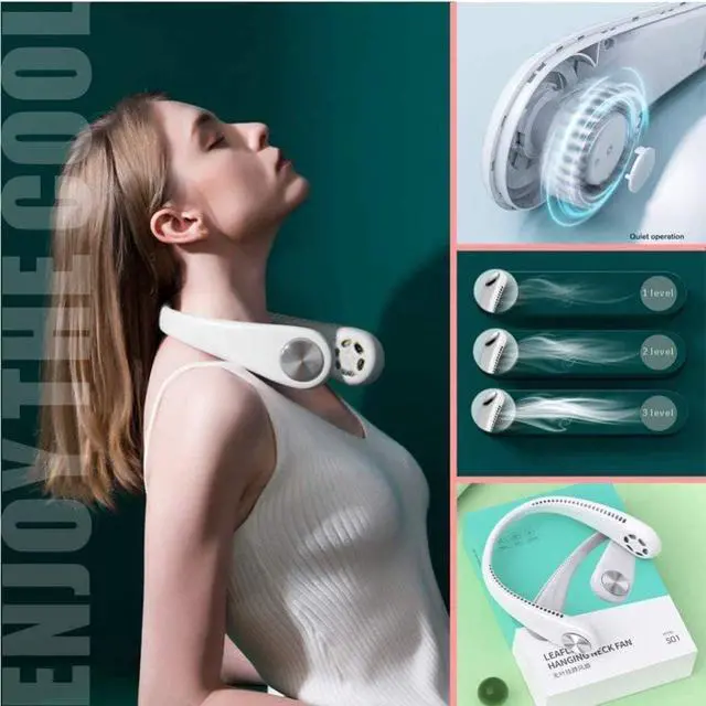 Alt view image 3 of 7 - 6 summer wind-cooled neck fan no leaf hanging neck fan leafless ventilator USB rechargeable neckband fan air cooler TypeFgreen
