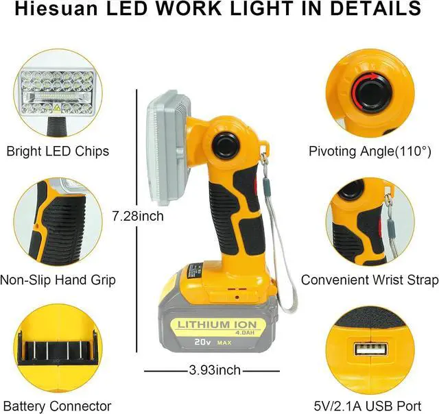 Alt view image 4 of 7 - Flashlight for Dewalt 20V Battery, 20v Work Light, 18W 2000LM Portable Floodlights and Spotlight with USB Charging Port for Repairing, Garage, Camping, Jobsite
