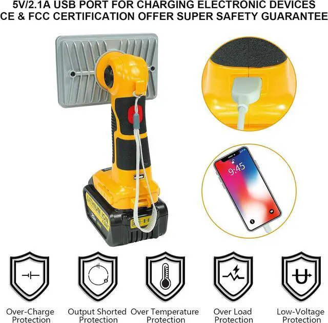 Alt view image 5 of 7 - Flashlight for Dewalt 20V Battery, 20v Work Light, 18W 2000LM Portable Floodlights and Spotlight with USB Charging Port for Repairing, Garage, Camping, Jobsite