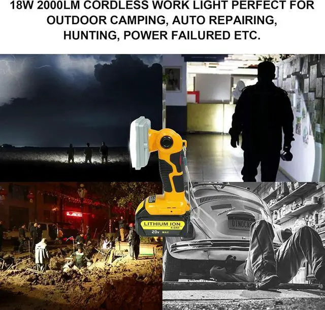 Alt view image 7 of 7 - Flashlight for Dewalt 20V Battery, 20v Work Light, 18W 2000LM Portable Floodlights and Spotlight with USB Charging Port for Repairing, Garage, Camping, Jobsite