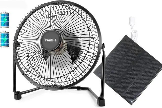 Main image of Battery Operated Rechargeable Desk Fan with Solar Panel for Home& Office & Hurricane Camping Battery Powered USB Fan Strong Airflow Portable Fan Quiet Metal Frame 5200 mAh Capacity