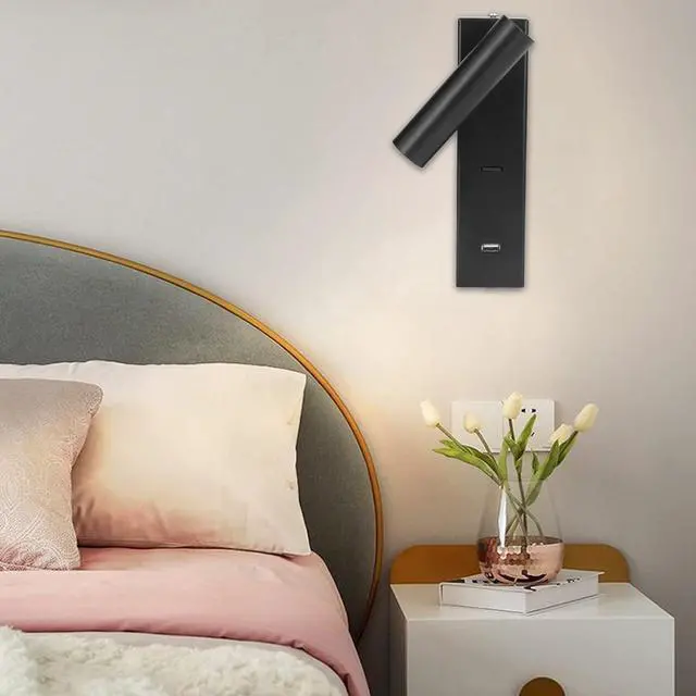 Alt view image 2 of 7 - LED Wall Mounted Reading Light Aluminum Alloy Minimalist Design 20cm with USB Port - 350° Rotatable for Bedroom Indoor Lighting and Mobile Charging
