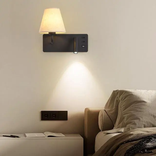 Alt view image 3 of 7 - LED Rotatable Reading Lamp with USB Charging, E27 Wall Light Interior, Metal Aluminum Fabric Shade, 3000K White, Left (Black Left)