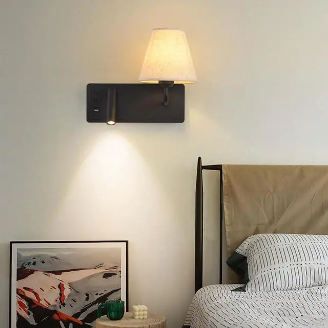 Alt view image 4 of 7 - LED Rotatable Reading Lamp with USB Charging, E27 Wall Light Interior, Metal Aluminum Fabric Shade, 3000K White, Left (Black Left)