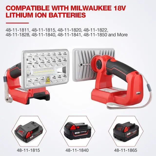 Alt view image 2 of 7 - 18w 2000lm Portable Flood Light Compatible with Milwaukee 18v Battery, Flashlight with USB-A Port for Jobsite, Camping, Car Repairing, Garage, Power Outages