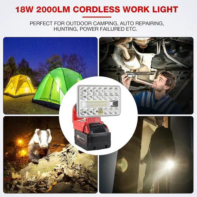 Alt view image 7 of 7 - 18w 2000lm Portable Flood Light Compatible with Milwaukee 18v Battery, Flashlight with USB-A Port for Jobsite, Camping, Car Repairing, Garage, Power Outages