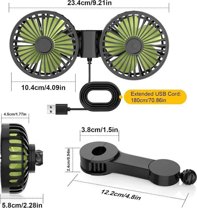 Alt view image 2 of 2 - Ryzle USB Car Cooling Fans for Backseat: Dual Head Car Fan for Kids 3 Speeds 360° Rotatable Vehicle Rear Headrest Fans 5V Powerful Electric Air Circulation Fan for Sedan SUV RV Truck (Black+Green)