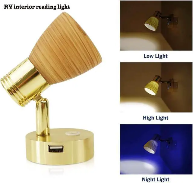 Alt view image 2 of 7 - RV 12 Volt Reading Lights with USB Port, Frosted Glass with Wood Pattern polishing Finish Interior Lights, Aluminum with Gold Finish