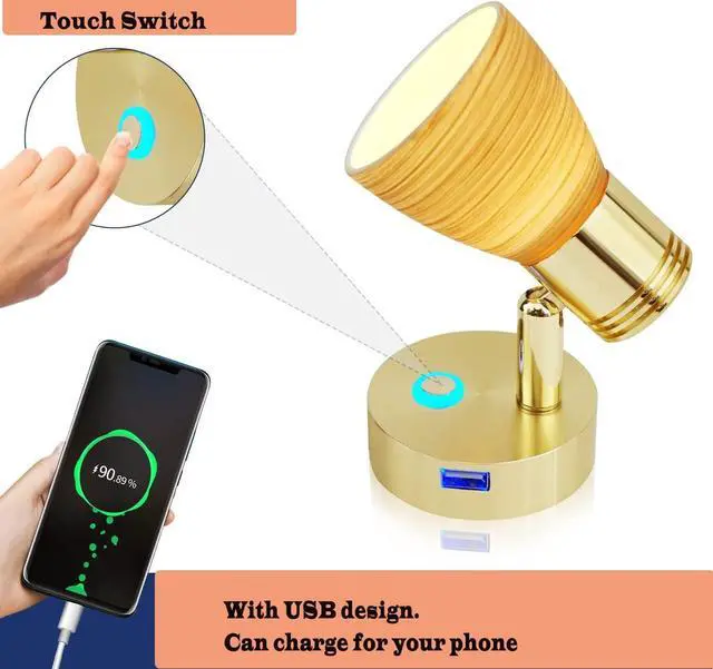 Alt view image 4 of 7 - RV 12 Volt Reading Lights with USB Port, Frosted Glass with Wood Pattern polishing Finish Interior Lights, Aluminum with Gold Finish