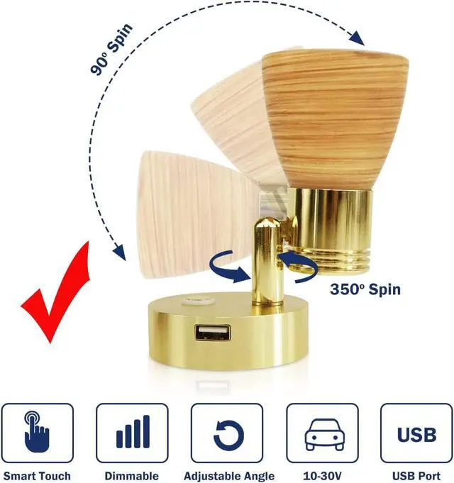 Alt view image 7 of 7 - RV 12 Volt Reading Lights with USB Port, Frosted Glass with Wood Pattern polishing Finish Interior Lights, Aluminum with Gold Finish