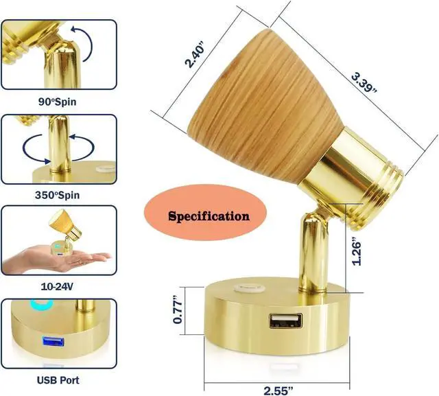 Alt view image 6 of 7 - RV 12 Volt Reading Lights with USB Port, Frosted Glass with Wood Pattern polishing Finish Interior Lights, Aluminum with Gold Finish