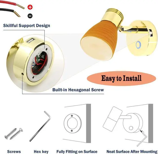 Alt view image 3 of 7 - RV 12 Volt Reading Lights with USB Port, Frosted Glass with Wood Pattern polishing Finish Interior Lights, Aluminum with Gold Finish