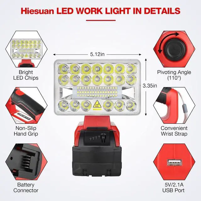 Alt view image 4 of 7 - 18w 2000lm Portable Flood Light Compatible with Milwaukee 18v Battery, Flashlight with USB-A Port for Jobsite, Camping, Car Repairing, Garage, Power Outages