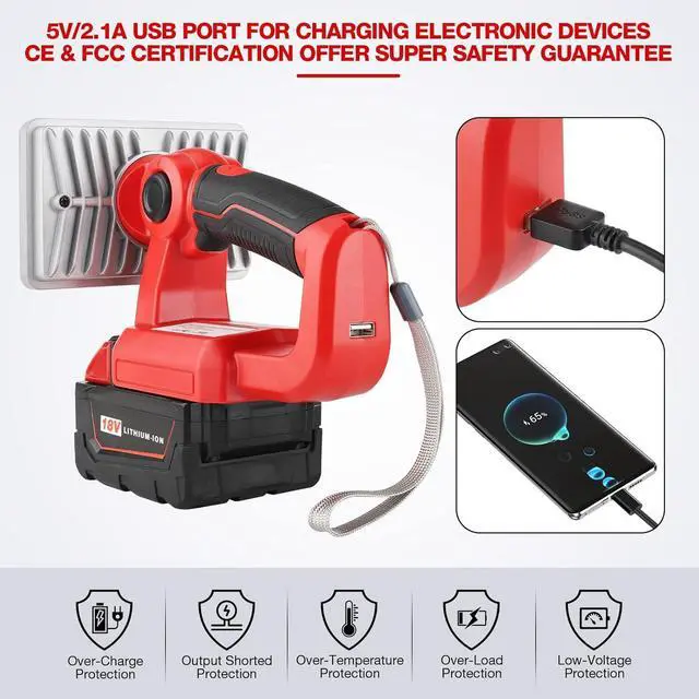 Alt view image 5 of 7 - 18w 2000lm Portable Flood Light Compatible with Milwaukee 18v Battery, Flashlight with USB-A Port for Jobsite, Camping, Car Repairing, Garage, Power Outages