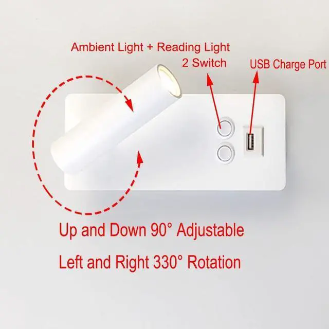 Alt view image 3 of 7 - Wall Lights for Living Room Hotel Bedside Lamp Bedroom Adjustable Indoor Lamp 3000K Wall Mounted Bedside Lamp Reading with Rechargeable USB Port White