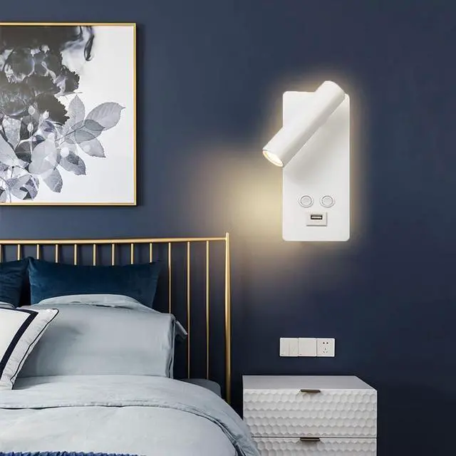Alt view image 7 of 7 - Wall Lights for Living Room Hotel Bedside Lamp Bedroom Adjustable Indoor Lamp 3000K Wall Mounted Bedside Lamp Reading with Rechargeable USB Port White