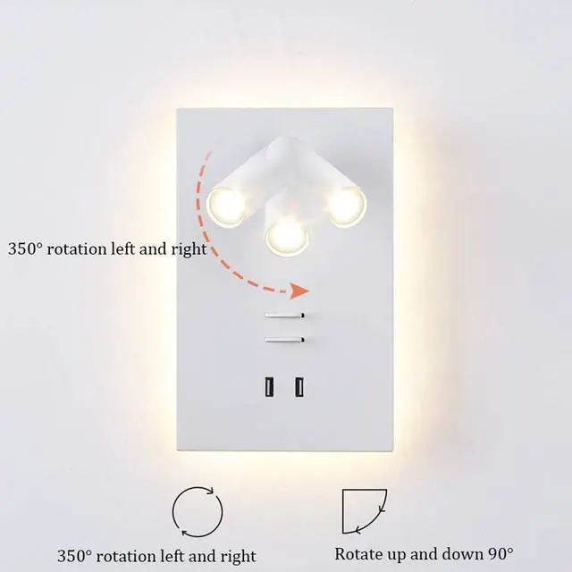 Alt view image 2 of 7 - Led Reading Wall Lamp USB Mobile Phone Charging Creative Study Bedroom Bedside Lamp with Switchable Rotating Wall Lamp Reading Light Backlight Wall Sconce Light,White Light