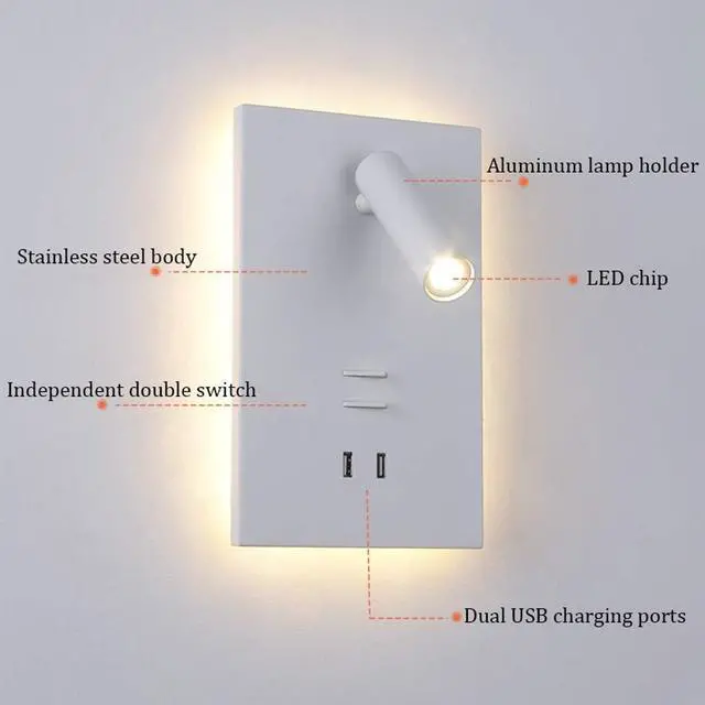 Alt view image 4 of 7 - Led Reading Wall Lamp USB Mobile Phone Charging Creative Study Bedroom Bedside Lamp with Switchable Rotating Wall Lamp Reading Light Backlight Wall Sconce Light,White Light