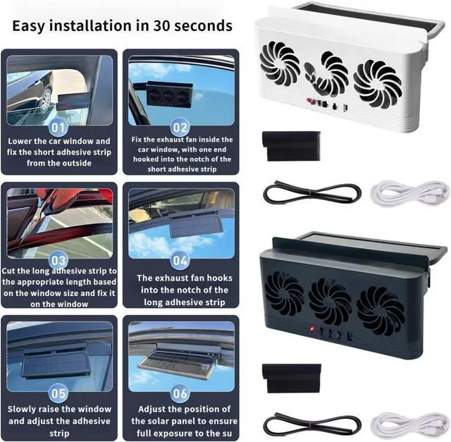 Alt view image 7 of 7 - Solar Powered Car Exhaust Fan with USB/Battery Backup, 5000 RPM High-Speed Ventilation, 5.5V 2.5W Solar Panel, Easy Window Mount for Car Cooling, Odor Removal, and Air Circulation (white)