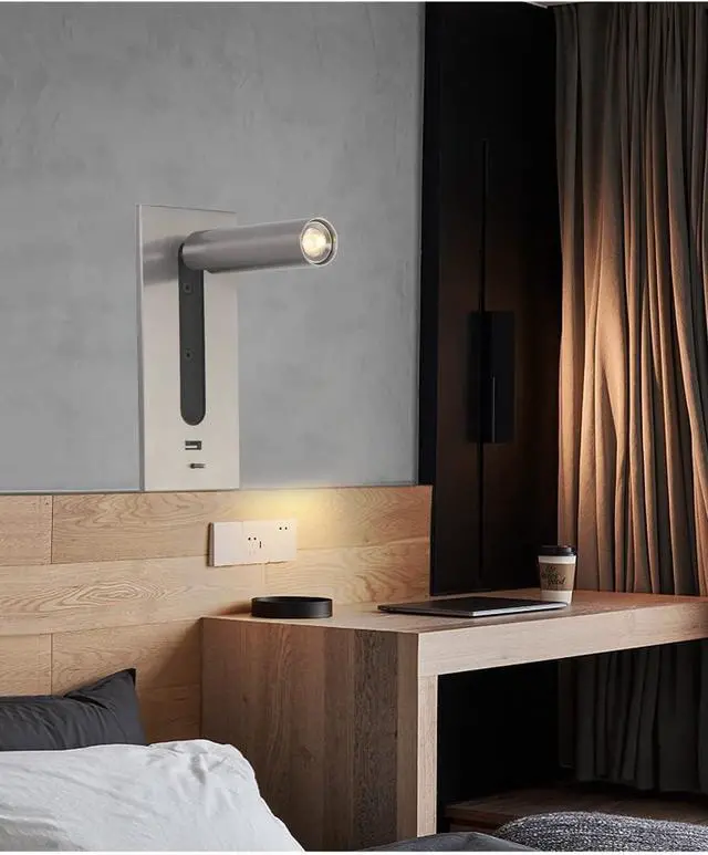 Alt view image 2 of 6 - Modern LED Bedside Reading Lamp with USB Port and Fast Charging Adjustable Wall Mounted Reading Light in Warm White 3000k 5V 2.1A Black (Nickel 1)