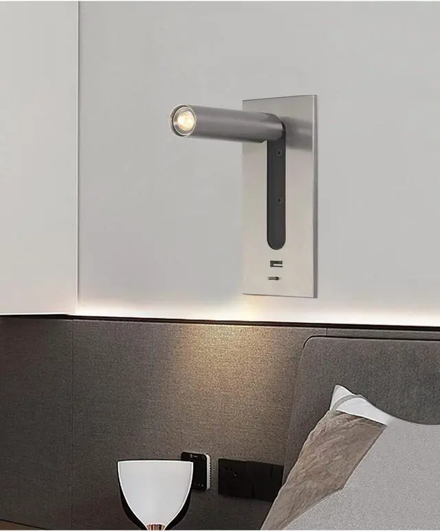 Alt view image 3 of 6 - Modern LED Bedside Reading Lamp with USB Port and Fast Charging Adjustable Wall Mounted Reading Light in Warm White 3000k 5V 2.1A Black (Nickel 1)